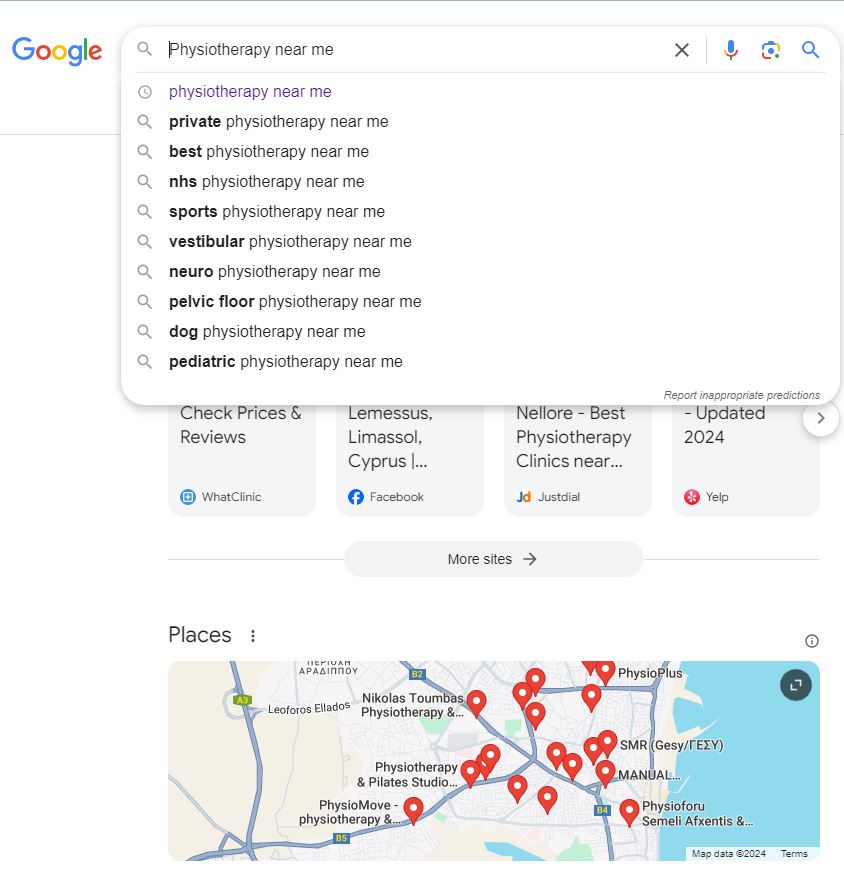 how the results on serp show when searching for physiotherapy near me