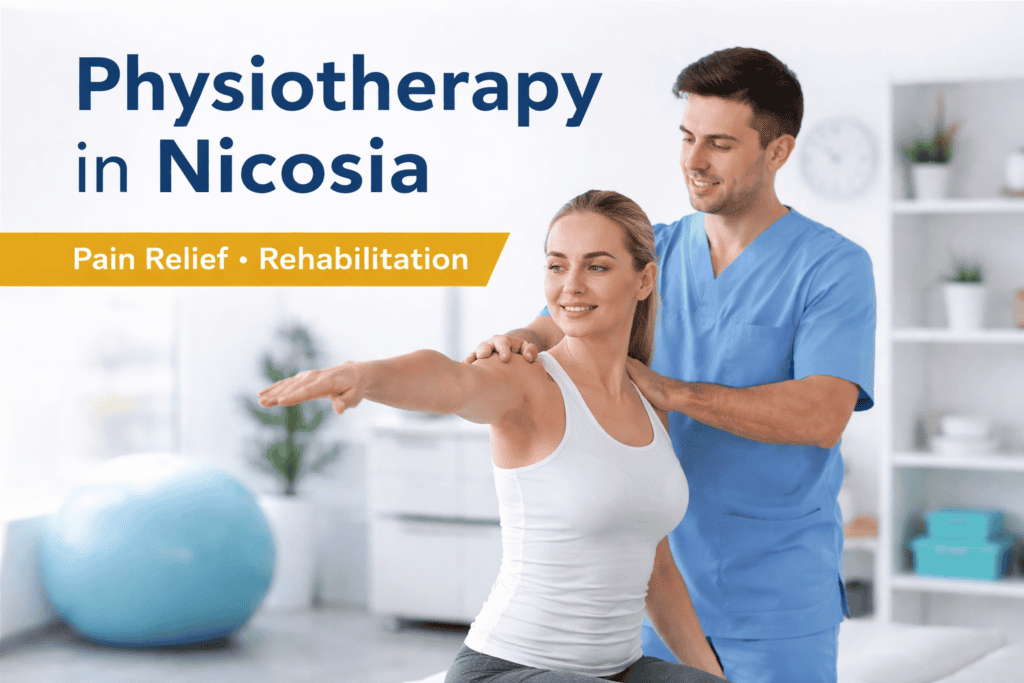 Physiotherapist providing shoulder rehabilitation treatment to a patient in a modern physiotherapy clinic in Nicosia, Cyprus.