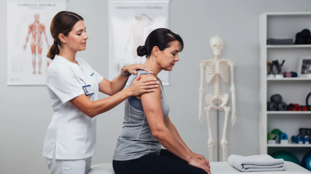 A licensed physiotherapist is performing manual therapy on a patient's shoulder in a clinical setting, focusing on improving mobility and reducing pain associated with sports injuries. The therapist uses hands-on techniques to enhance the patient's physical health and overall quality of life.